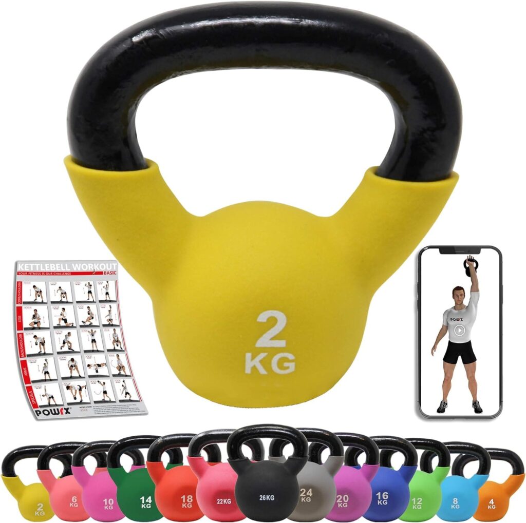 POWRX Kettlebell Hierro Fundido 2-26 kg - Pesa Rusa con Revestimiento de Neopreno - Peso y Color a Elegir + PDF Workout