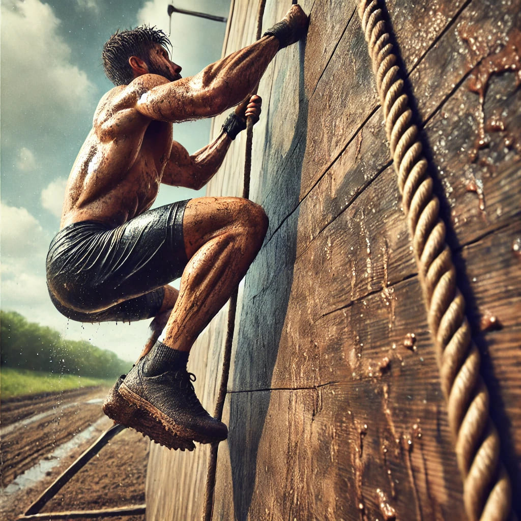 Hombre subiendo un muro de una carrera de obstáculos | Imagen generada por IA