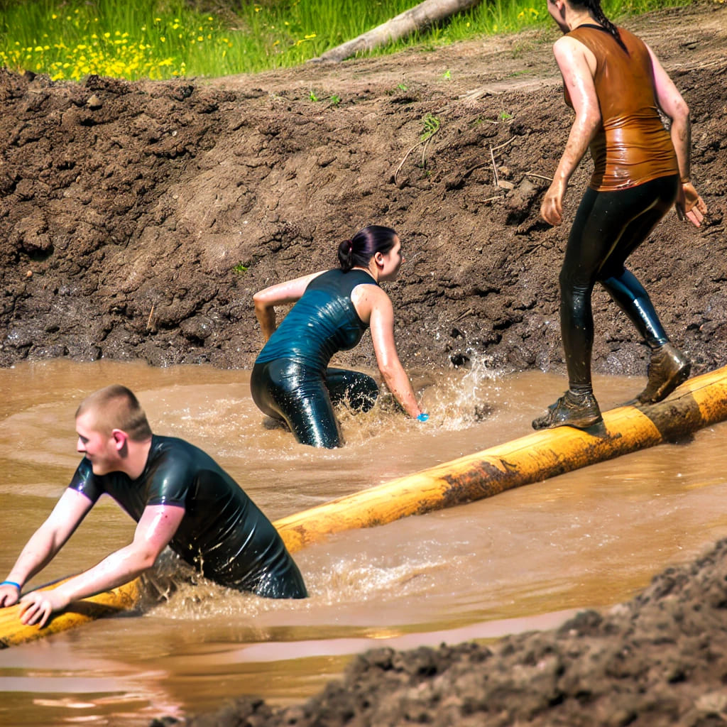 Grupo de personas participando en una carrera y superando un obstáculo de nadar