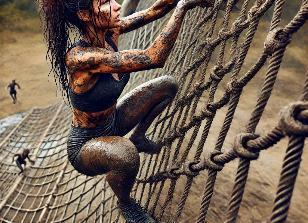 Mujer escalando una red en las carreras de obstáculos