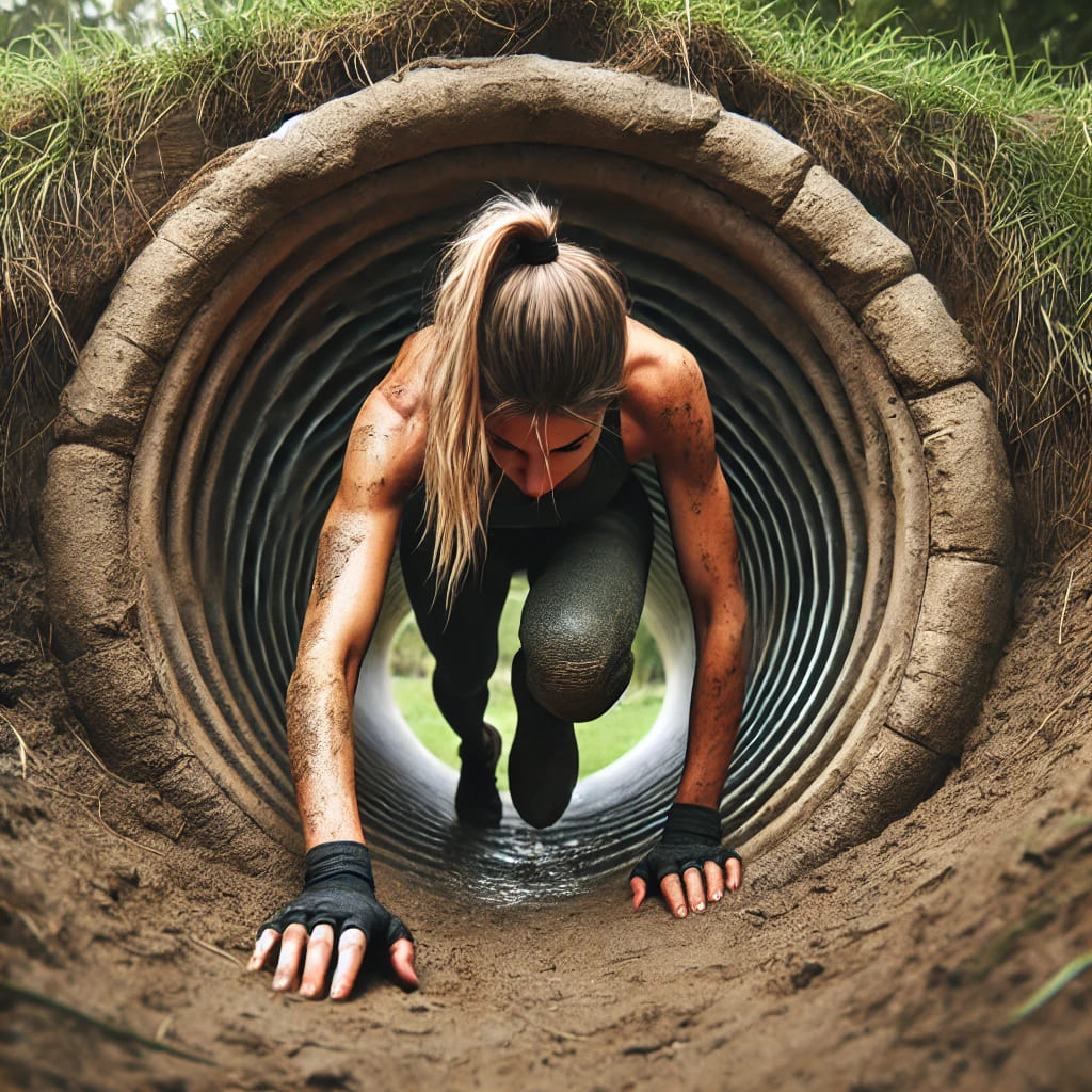 Mujer deslizándose por un túnel de una carrera de obstáculos | Imagen generada por IA